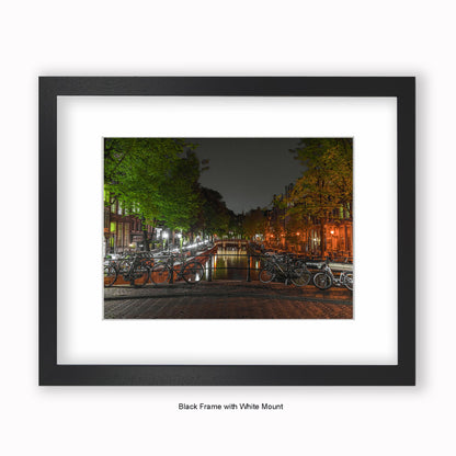 Amsterdam - Canal View At Night - Green Trees - Mounted & Framed Art Print