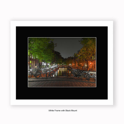 Amsterdam - Canal View At Night - Green Trees - Mounted & Framed Art Print