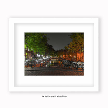 Amsterdam - Canal View At Night - Green Trees - Mounted & Framed Art Print