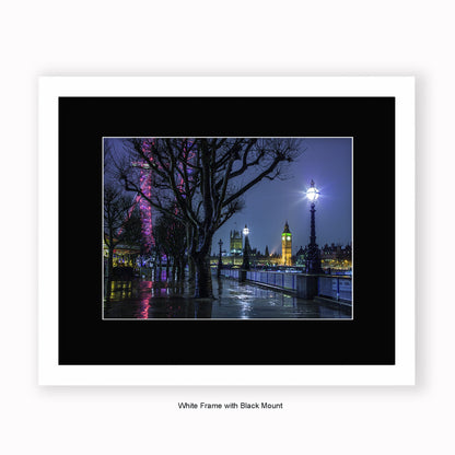 London - Embankment At Night - Colour - Mounted & Framed Art Print